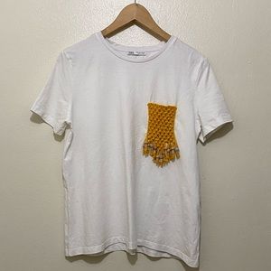 Zara White T-shirt with Braided and Beaded Pocket